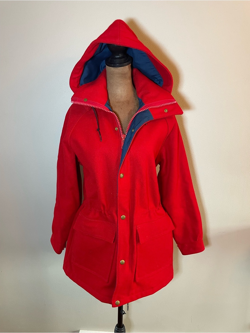 Woolrich Red Hooded Barn Jacket with Blue Lining